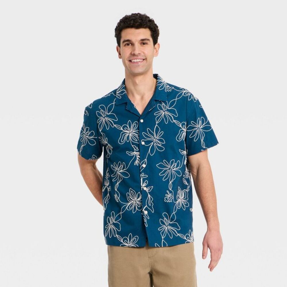 Men's Short Sleeve Floral Embroidered Camp Shirt - Goodfellow & Co Navy M